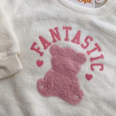 Conj. Casaco Fantastic Bear e Calça de Pelinho - Off White e Rosa